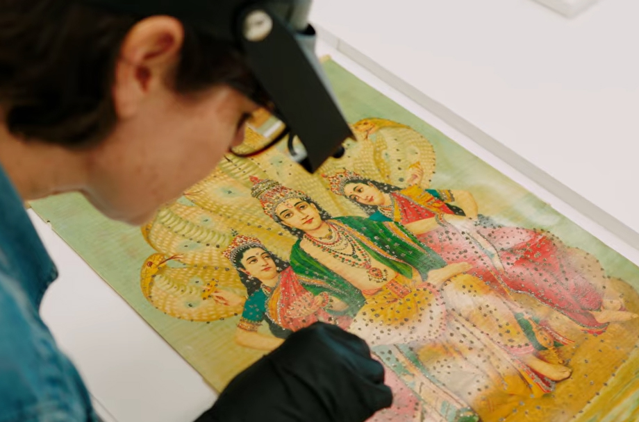 Go behind-the-scenes &amp; watch &gt; brnw.ch/21wWZqf how our conservation team preserve rare early 20th century #IndianArt #RajaRaviVarma embellished oleographs (prints designed to resemble oil paintings). On display in #Brisbane. Free entry