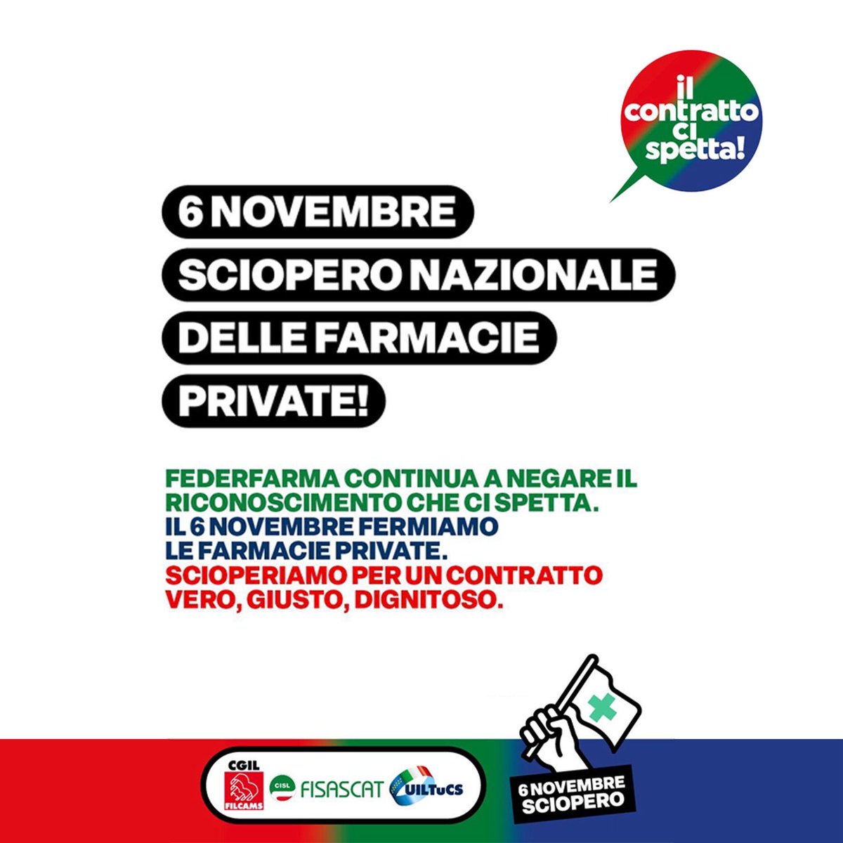 🔴🟢🔵 #FarmaciePrivate Basta salari fermi e promesse mancate: il 6 novembre sarà sciopero nazionale delle farmaciste e dei farmacisti. La mobilitazione arriva dopo mesi di attesa e un contratto bloccato da troppo tempo. Chiediamo rispetto, dignità e il riconoscimento del valore