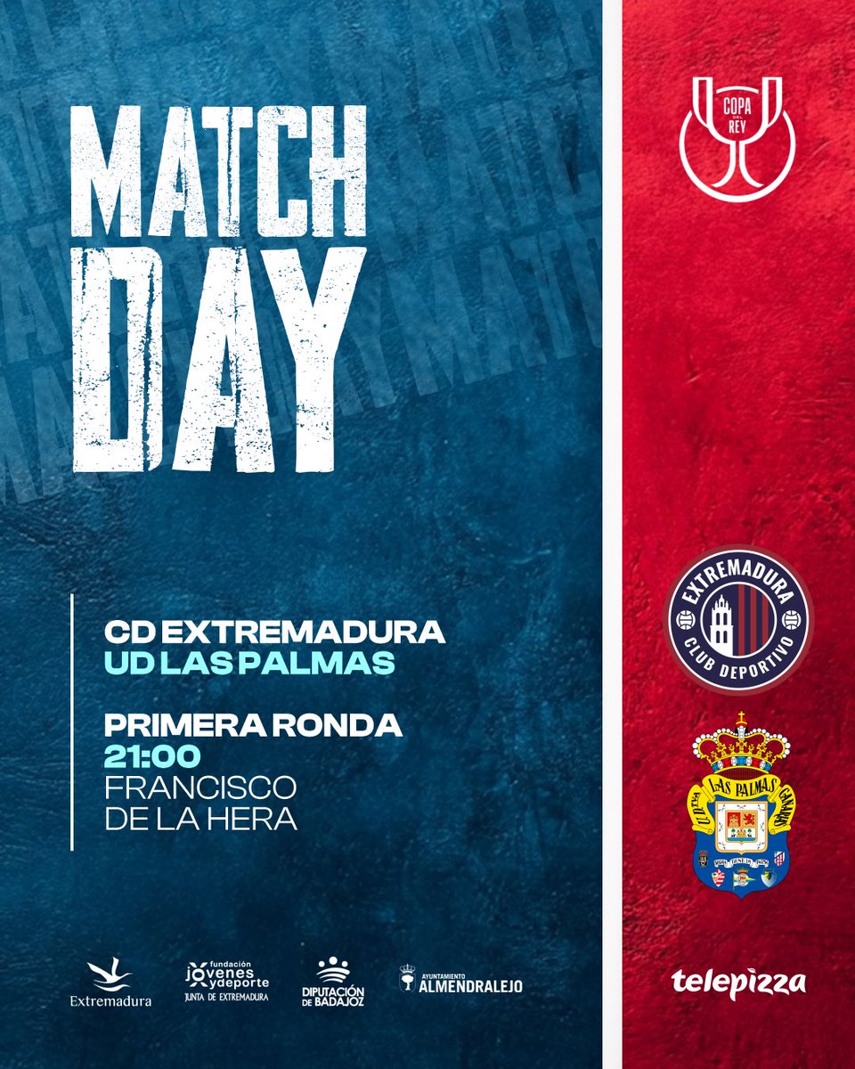 💙 𝐃𝐈́𝐀 𝐃𝐄 𝐏𝐀𝐑𝐓𝐈𝐃𝐎 ❤️

🏆 ¡Hoy juega el Extremadura!

🆚 <a href="/UDLP_Oficial/">UD Las Palmas</a> 
🕘 21:00
🏟️ Francisco de la Hera

🔗 cdextremadura.compralaentrada.com/eventos/

#ExtremaduraLasPalmas #CopaDelReyMAPFRE