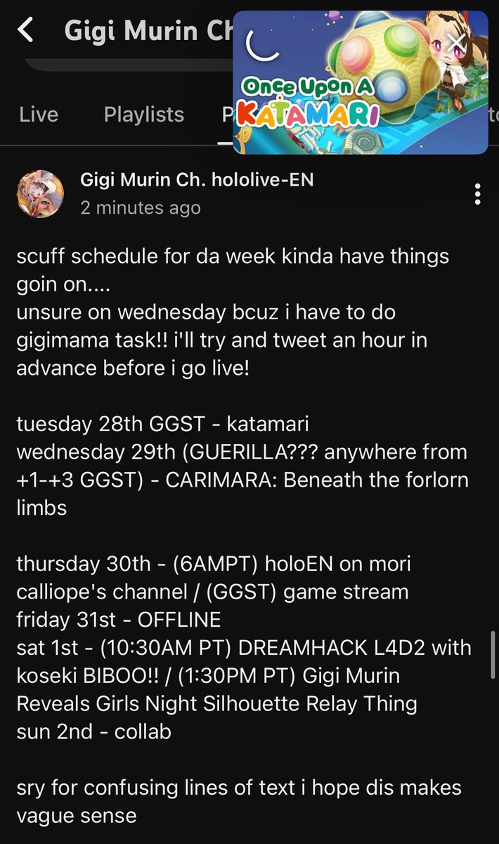 gigi scuff schedule posted on youtube community posts