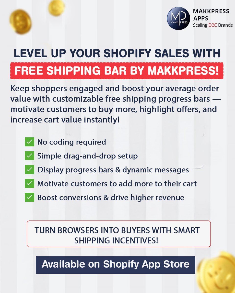 MakkpressTech's tweet image. Boost your Shopify sales with smart shipping incentives! 🚀

Turn browsers into buyers with the Free Shipping Bar by Makkpress. 💸

#ShopifyApps #EcommerceGrowth #Makkpress #ShopifyStore #FreeShipping #EcommerceTools #ShopifyTips