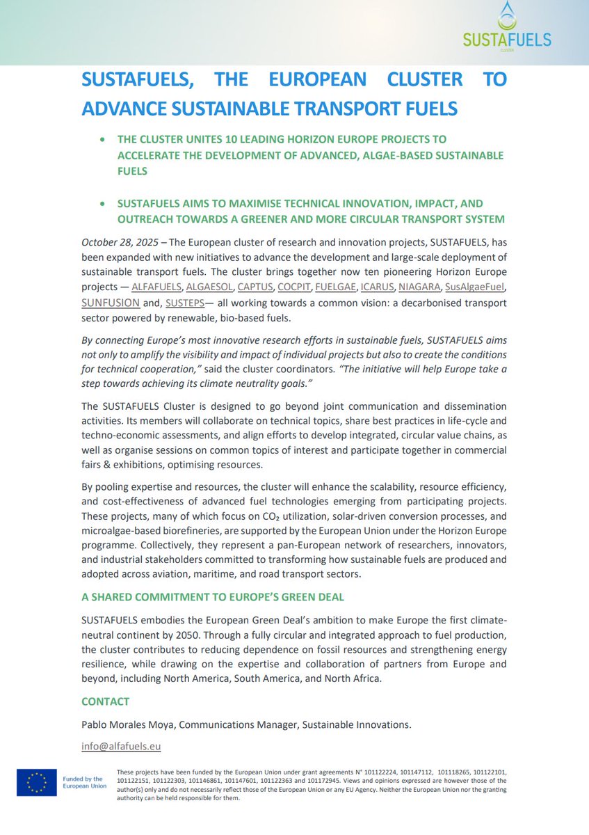 Thrilled to share our latest press release: SUSTAFUEL, the European cluster to advance sustainable transport fuels.

SUSTAFUEL brings together a group of 10 leading projects working to decarbonise the transport sector powered by renewable, bio-based fuels

alfafuels.eu/wp-content/upl…
