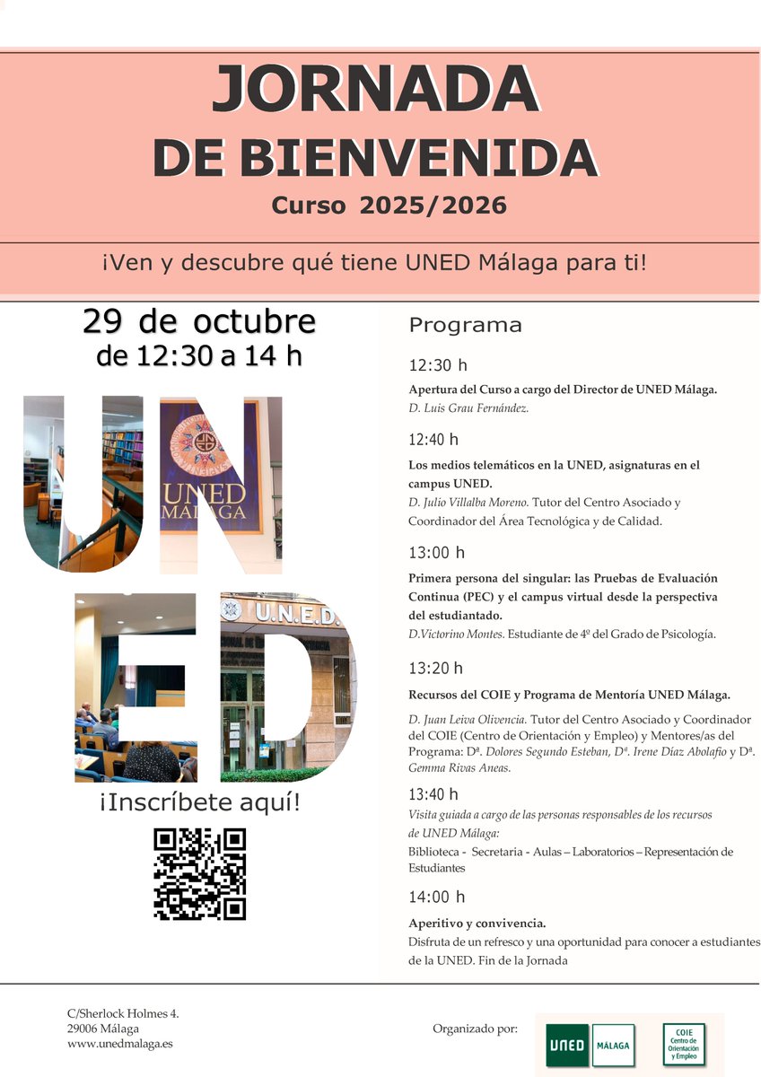 UNED Málaga ofrecerá este próximo miércoles día 29 de octubre una jornada de bienvenida a nuevos estudiantes de Grado de la UNED. La asistencia es gratuita y presencial (hasta completar aforo), siendo únicamente necesario inscribirse. Toda la info-> unedmalaga.es/noticias/notic…