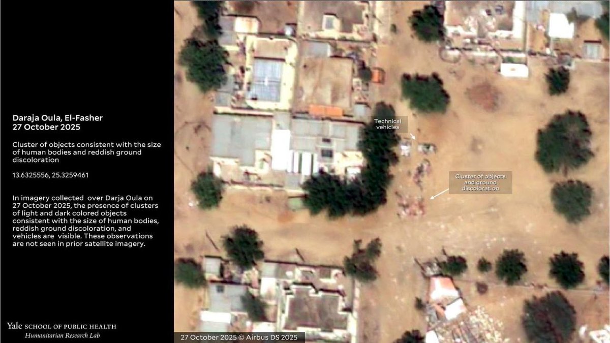 Satellite imagery from Yale’s Humanitarian Research Lab shows clusters of objects consistent with human bodies, ground discoloration, and technical vehicles in Sudan's El-Fasher on Oct. 27, indicating mass killings by RSF forces.