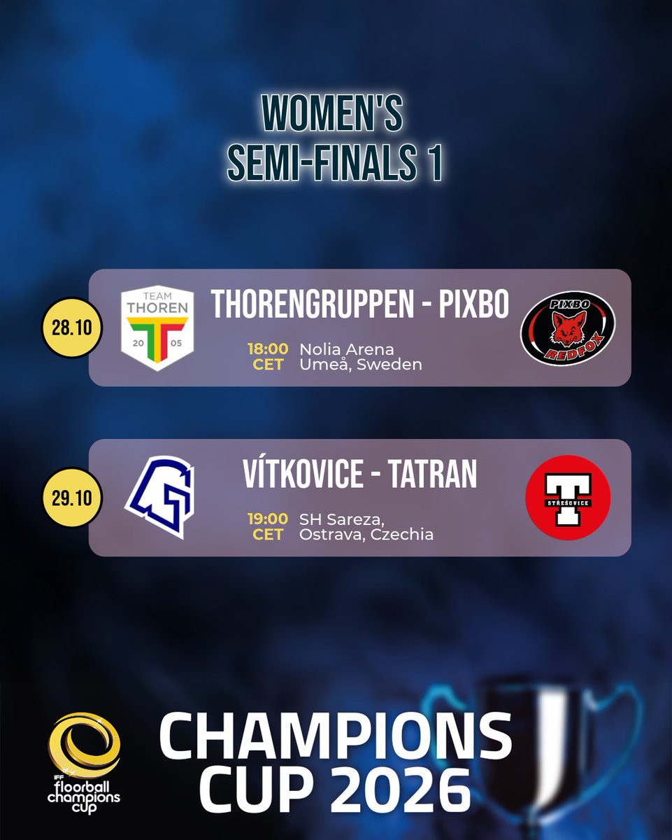 𝗜𝘁'𝘀 𝗦𝗲𝗺𝗶 𝗙𝗶𝗻𝗮𝗹 𝘁𝗶𝗺𝗲 𝗶𝗻 𝘁𝗵𝗲 𝗖𝗵𝗮𝗺𝗽𝗶𝗼𝗻𝘀 𝗖𝘂𝗽!🏆✨

It's an all Swedish and all Czech Women's Semi-Final and it starts tonight with Thorengruppen &amp; Pixbo in Umeå ⚔️

Live on the IFF App 📺

#floorball #iffcc2026 #floorballCC