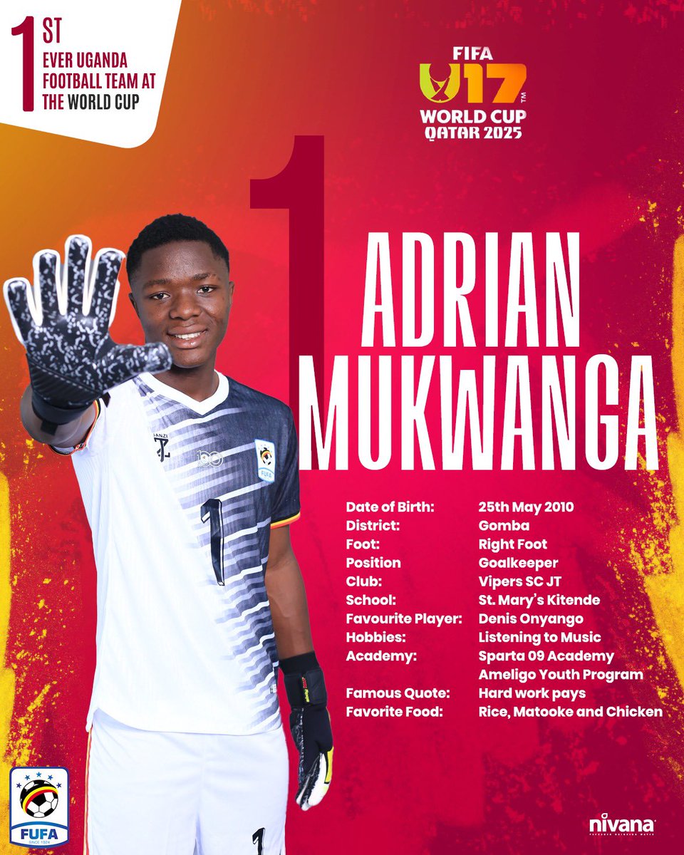 #UgandaCubs player profile
Adrian Mukwanga 
#FIFAU17WC in Qatar 3-27 November 2025