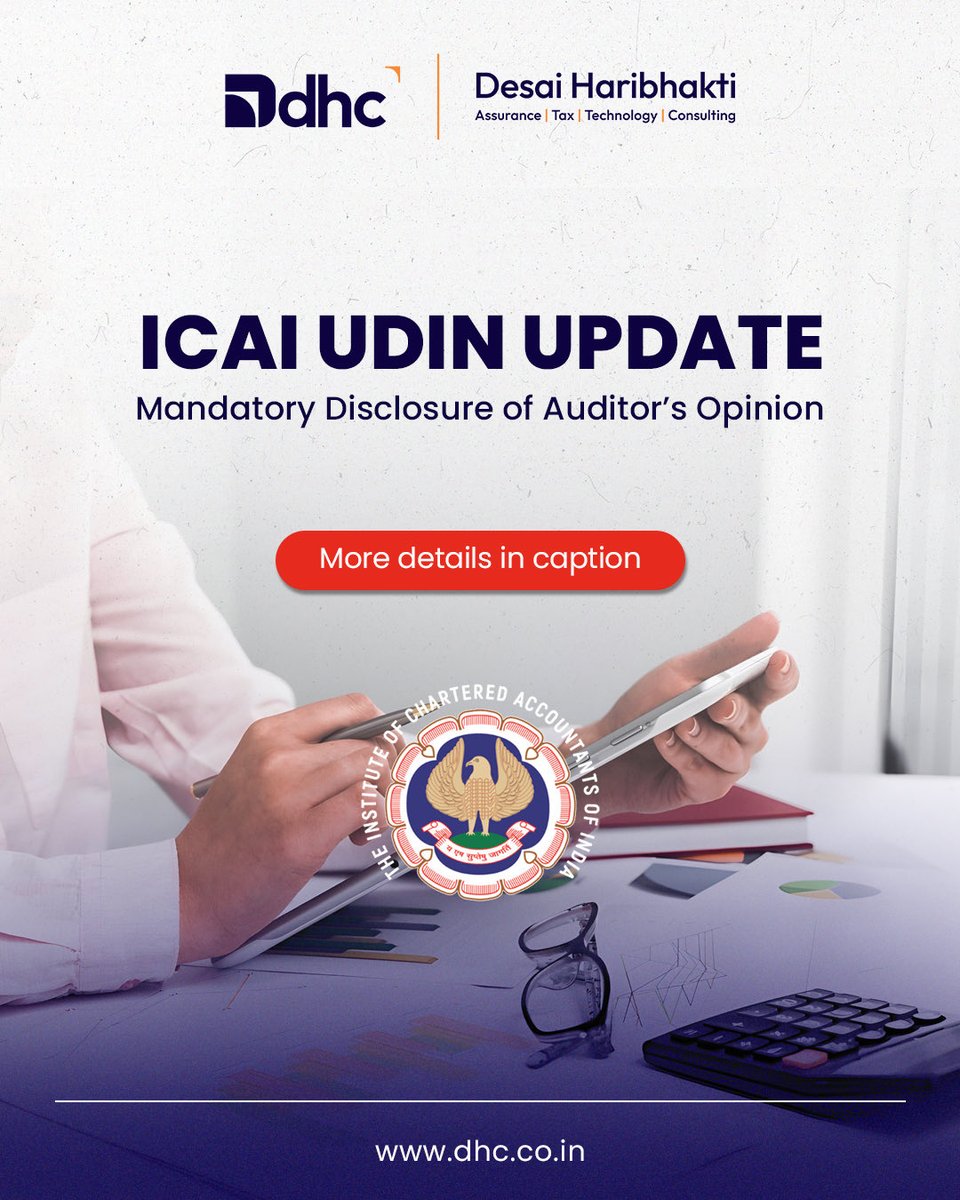 lifeatdhc's tweet photo. π ICAI UDIN Update: Auditors must now declare their audit opinion and entity classification when generating UDINs.
π Read More: https://t.co/Q4AdWY55j9
#ICAIUpdate #UDINUpdate #DesaiHaribhakti #DHC https://t.co/QfS97VDjmM