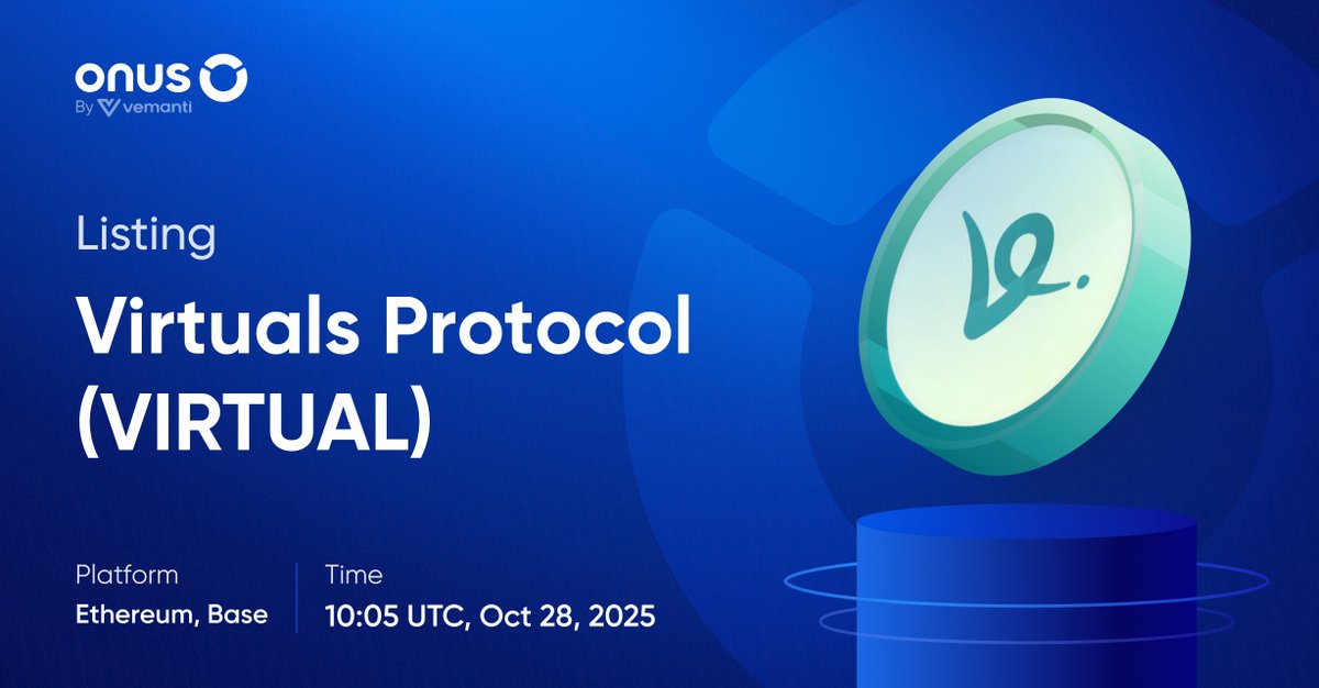 ONUSFinance's tweet photo. 📱 Virtuals Protocol (#VIRTUAL) gets listed on ONUS

Starting from 10:05 UTC on October 28, 2025, we officially list Virtuals Protocol (#VIRTUAL) on the ONUS application:

- Off-chain transactions: Send and receive #VIRTUAL with other users in the ONUS network.
- Swap: Convert VNDC or USDT to #VIRTUAL and vice versa.

📌Details: https://t.co/fpWsIaRPoo