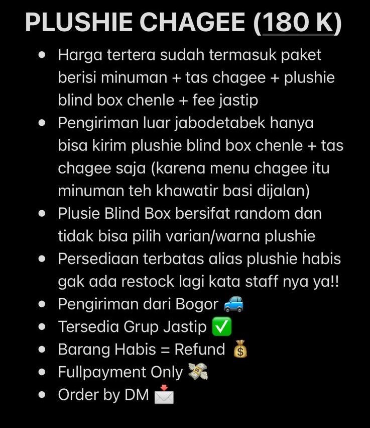 butter_cheezy's tweet photo. JASTIP PLUSHIE CHAGEE 🛍️🛒

buat <sijeuni luar jabodetabek> adakah yg mau jastip plushie nyaa?? 

beberapa store stock nya udah makin tipiess yang mau bisa langsung order yaa!

plushie habis gak restock kata staffnya 

TnC ⬇️

#chagee #plushie #chenle #nctdream #jastip https://t.co/Wra3mhzAR0