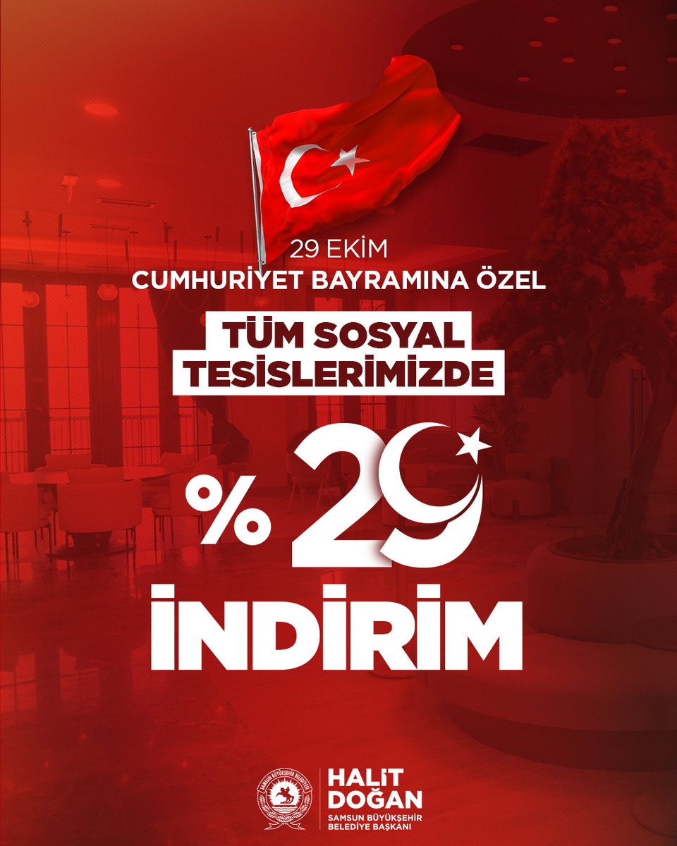 Cumhuriyet Bayramı coşkusunu şehrimizin her noktasında hissediyor ve bu mutluluğu paylaşmanın heyecanını yaşıyoruz. 🇹🇷

Bu anlamlı günü hep birlikte doyasıya yaşayalım diye; 29 Ekim Cumhuriyet Bayramımıza özel tüm sosyal tesislerimizde %29 indirim yapıyoruz. 😇

Cumhuriyetimizin