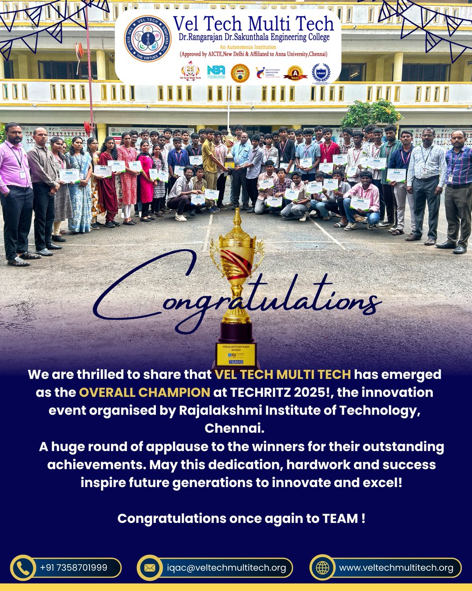 VelMultitech99's tweet image. We’re proud to announce that VEL TECH MULTI TECH has been crowned the OVERALL CHAMPION at TECHRITZ 2025 hosted by Rajalakshmi Institute of Technology, Chennai!🏆✨
Kudos to our winners for their dedication and innovation! 👏
#VelTechMultiTech #TechRitz2025 #Innovation #Excellence