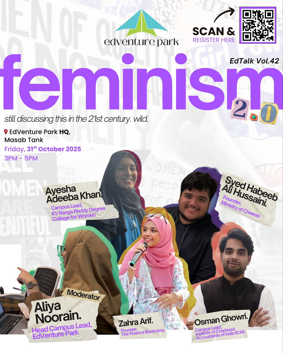 EdventurePark's tweet image. Feminism 2.0 - because equality deserves a reboot ⚡
Join us at EdTalk Vol. 42 as we unpack what modern feminism looks like, inclusive, aware and unstoppable.

🗓 31st October 2025
📍 EdVenture Park HQ

Poster Credits: @shanu_zeshan 
#FlyWithEVP 
#EdTalks #Feminism #EdVenturePark