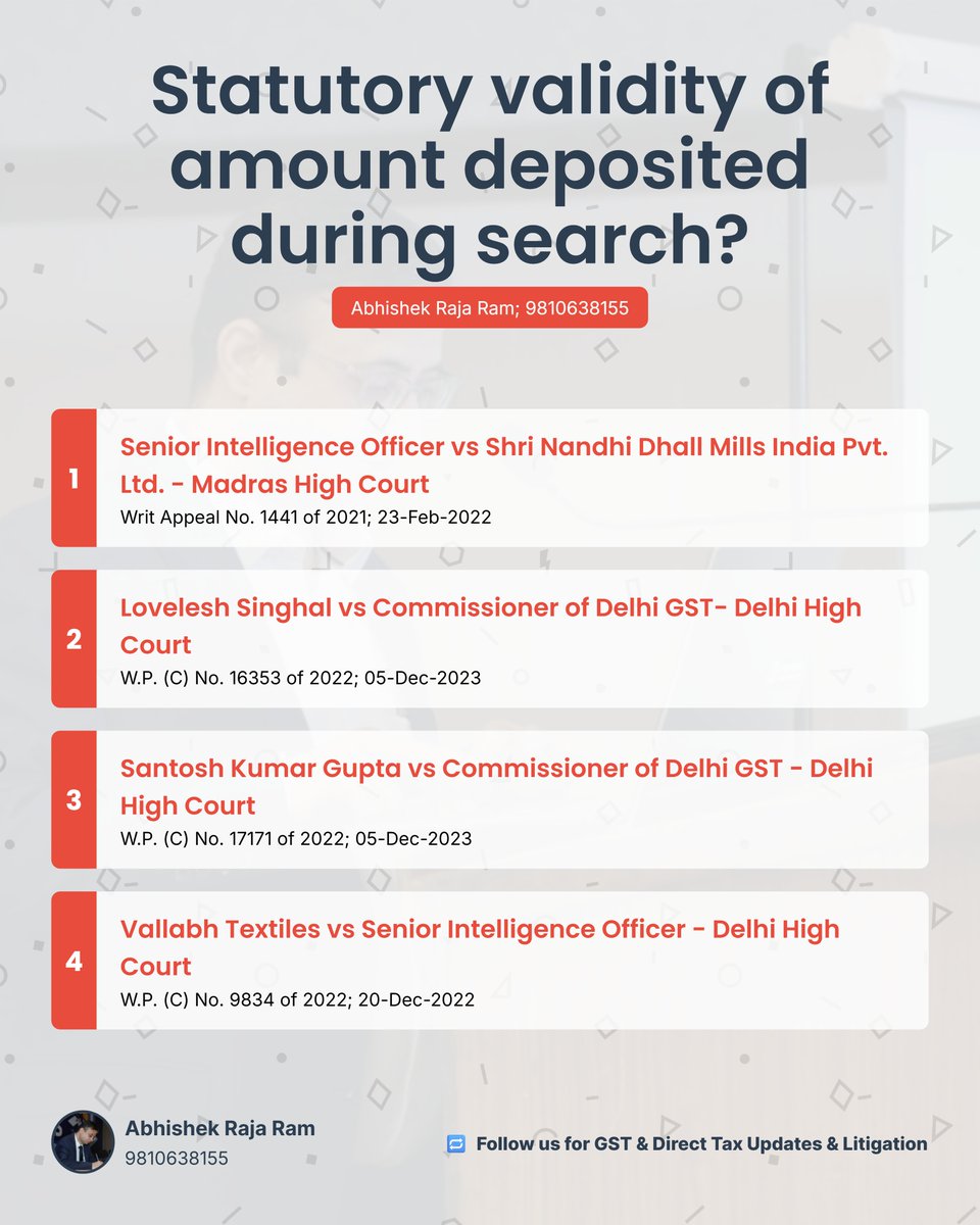 Abhishek Raja "Ram" (@abhishekrajaram) on Twitter photo Does the GST Department demand immediate tax deposits during visits, surveys or searches?
1. Shri Nandhi Dhall Mills India Pvt. Ltd. -  Madras High Court
(2022) 60 GSTL 227
 Search at business premises revealed tax evasion by the writ petitioner/first respondent, who paid ₹2 Does the GST Department demand immediate tax deposits during visits, surveys or searches?
1. Shri Nandhi Dhall Mills India Pvt. Ltd. -  Madras High Court
(2022) 60 GSTL 227
 Search at business premises revealed tax evasion by the writ petitioner/first respondent, who paid ₹2