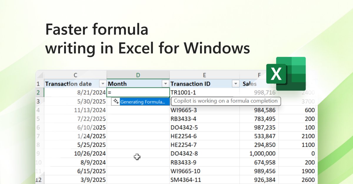 ignacid's tweet image. Copilot in Excel for Windows makes working with formulas easier! With formula completion, Excel suggests and autocompletes formulas as you type “=”, helping you work with accuracy and confidence. Learn more: msft.it/6014t8KAO
#msftadvocate #microsoftexcel #microsoftcopilot