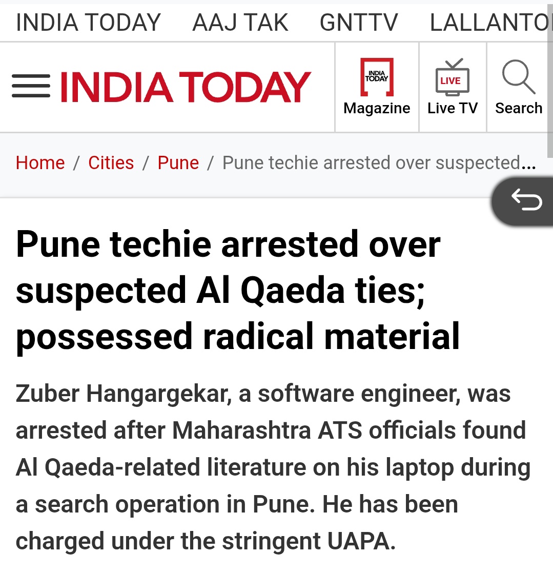 HPhobiaWatch's tweet photo. Zuber is arrested for his link with Al-qaeda. He is a BTech grad with 50 Lakhs/annum IT job package. Maharashtra ATS has been tracking him for his involvement in the Pune ISIS module where 3 radical islamists were arrested while testing IED explosives in the forest. They were planning to bomb the city using drones. All of them were highly educated top engineers with high paying jobs yet they chose terrorism. Imagine if they had succeeded 

As there is a saying that these radicals have to succeed once while intelligence agencies have to succeed every time.