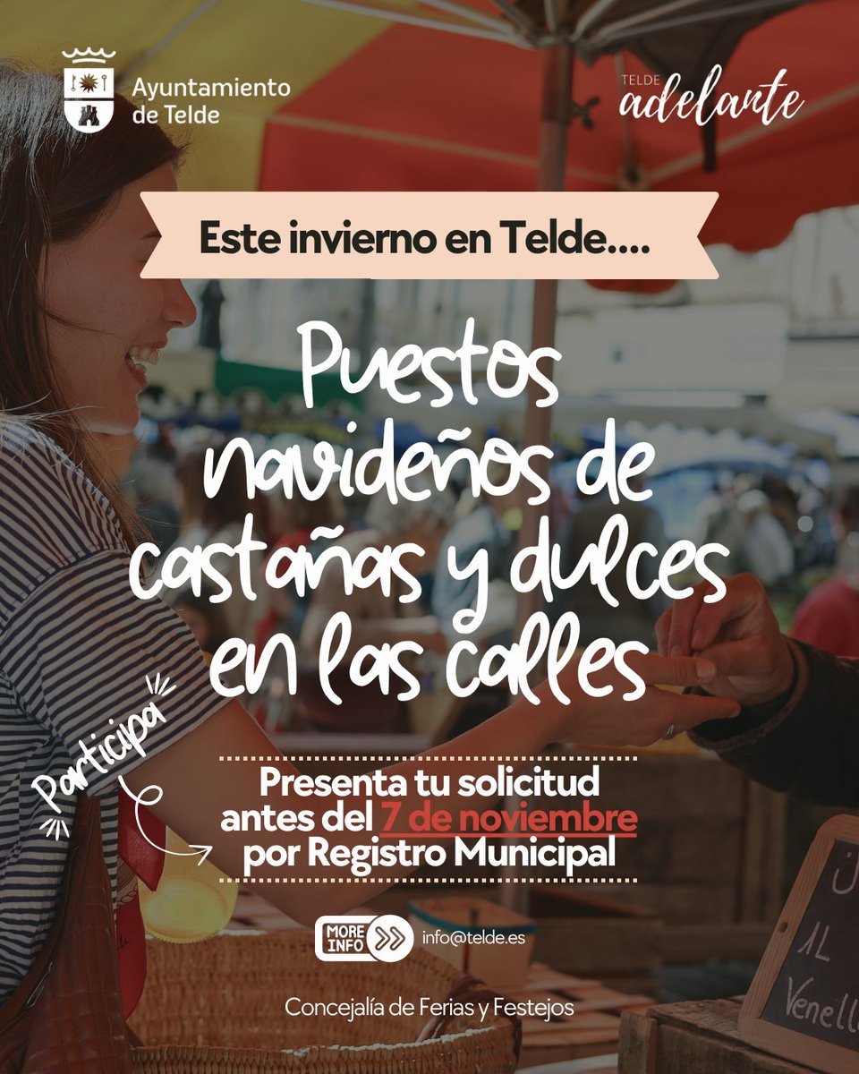 🎄 ¡Vuelven los tradicionales puestos de castañas y dulces a Telde! 🌰🍬

👉 Se abre el plazo de solicitudes hasta el 7 de noviembre.

Castañas asadas, turrones, buñuelos, algodón de azúcar, crepes, gofres o chocolate caliente. 😋

📩 Más información: info@telde.es