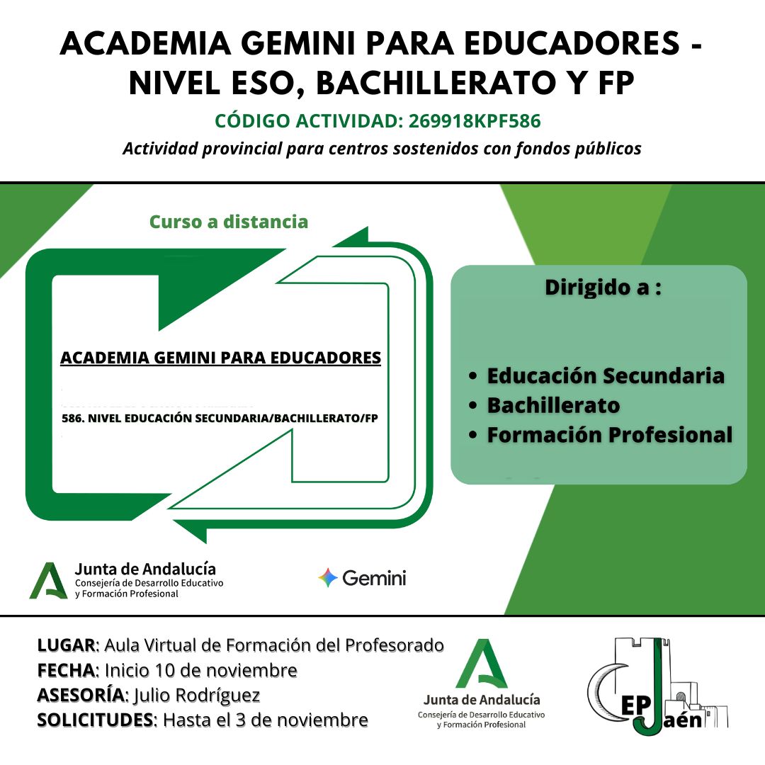 Hasta el próximo 3 de noviembre abierto plazo de solicitudes para ACADEMIA GEMINI PARA EDUCADORES - NIVEL ESO, BACHILLERATO Y FP, para centros sostenidos con fondos públicos. Más información e inscripción en este enlace bit.ly/42YVWqc