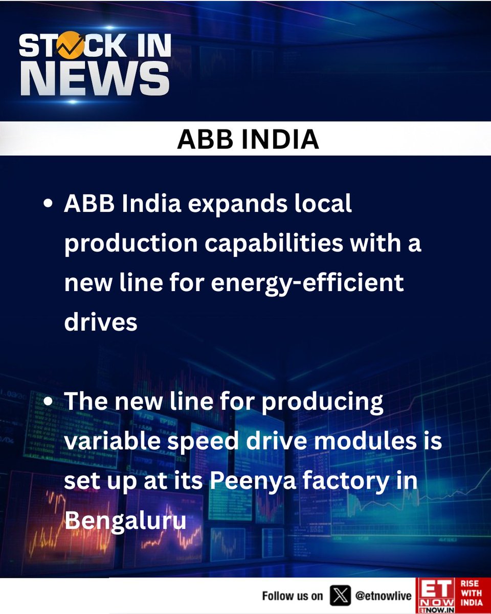 ETNOWlive's tweet photo. #StockInNews | ABB India boosts local manufacturing with new energy-efficient drive line at its Peenya, Bengaluru factory

 #ABBIndia #MakeInIndia #EnergyEfficiency #Manufacturing https://t.co/UhZJaXvejn