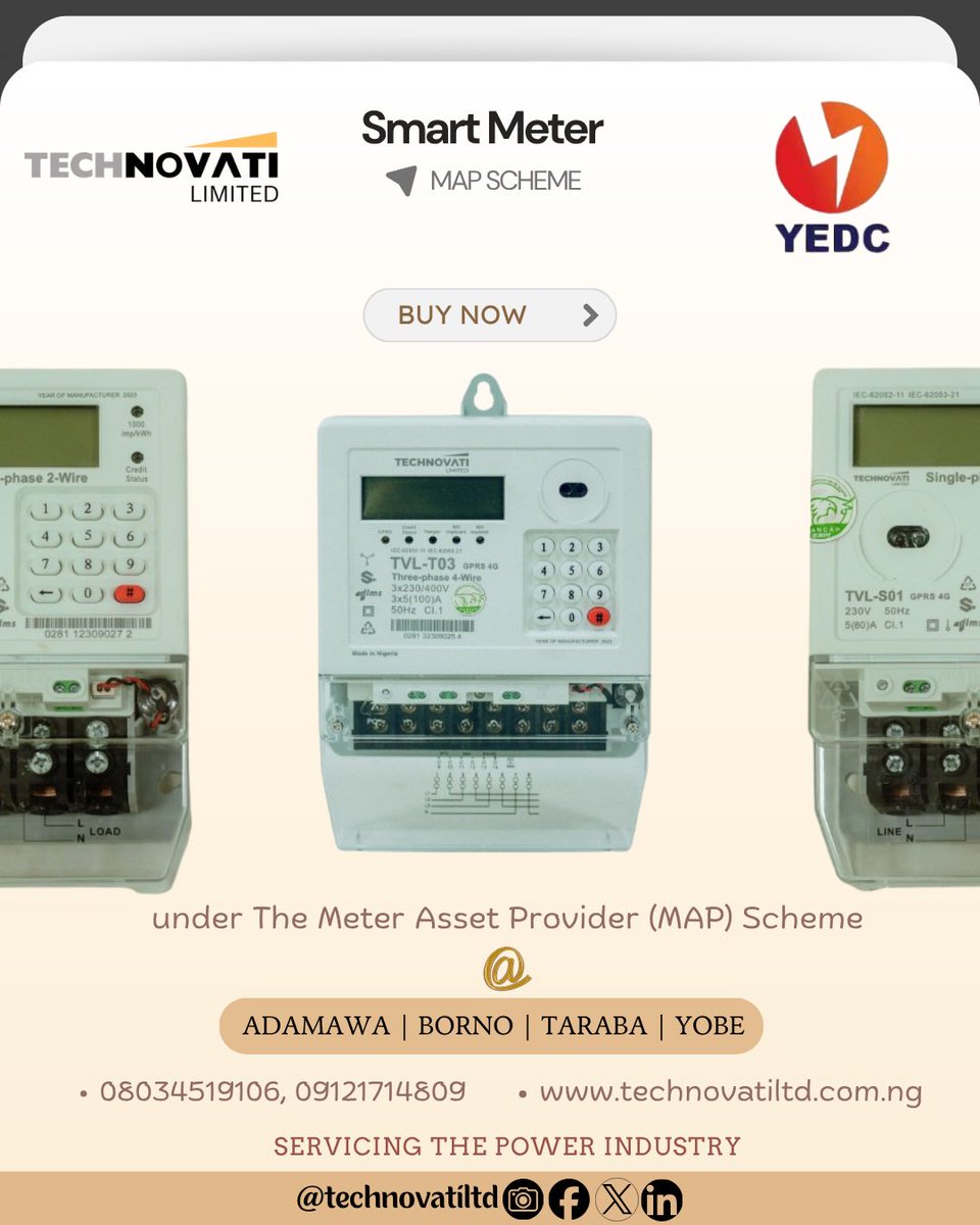 technovatiltd's tweet photo. Get your Technovati Smart Meter under the MAP
Scheme with YEDC.

Serving Adamawa, Borno, Taraba &amp; Yobe.
Seamless energy monitoring - made in Nigeria, for Nigerians

#Technovati 
#SmartMeter 
#energyinnovation
#YEDC https://t.co/C2BmEMt9vX