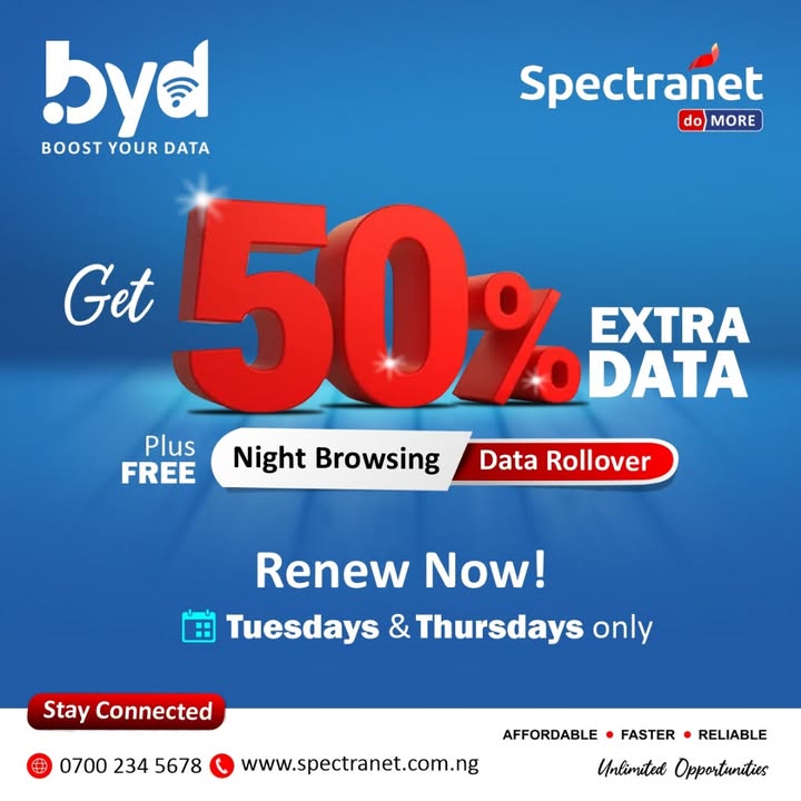 Spectranet_NG's tweet photo. BYD Alert...

Boost Your Data with 50% Extra Data today! Plus Free Night Browsing &amp; Unlimited Data Rollover. 
Renew Today, 28th October, 2025. 

#BYD 
#Spectranet
#UYD
#DataBonus
#freeData
#stayconnected https://t.co/2GXwgvFEoF