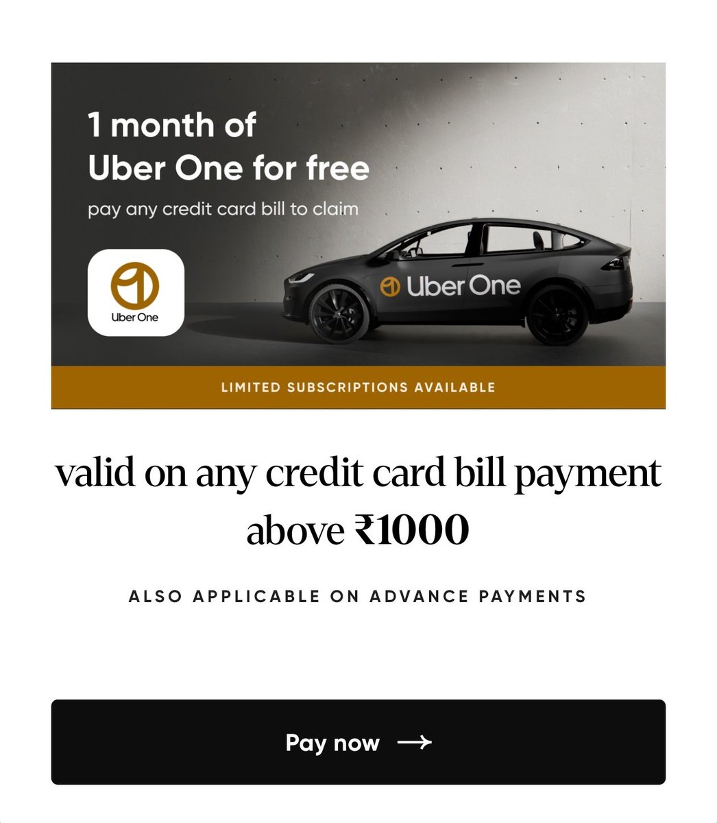 CardsavvyIndia's tweet image. CRED x UBER 

1 month of uber One for free 

On bill payments of ₹1000 or more
Works for advance payment also 

#ccgeek #ccgeeks #cred #uber