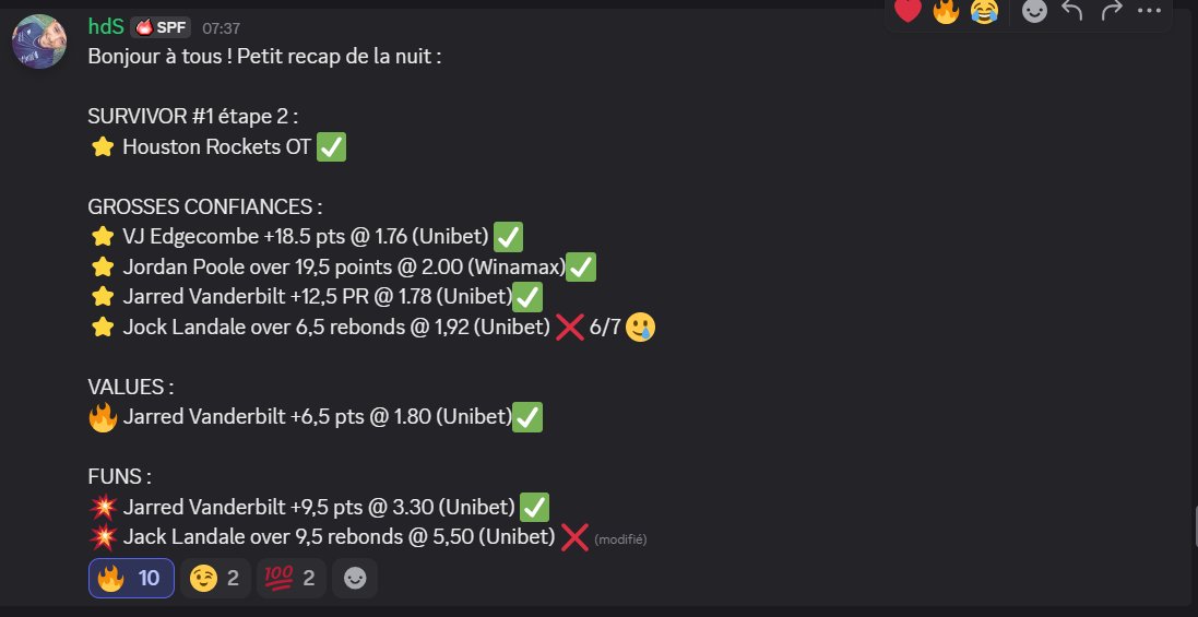 Parlons également des cartons absolus de <a href="/APMBetting/">Lalo_26</a>, <a href="/hdS_FireGeek/">H D S</a> et l'inénarrable <a href="/alfresole/">Alfresole</a> sur le Discord : du VERT tous les matinnnnnnns ✅😍🤑

Pour rejoindre le Discord 👉 discord.gg/PFX8ZKuF
