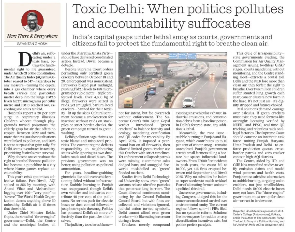 sayantan_gh's tweet image. Delhi’s air isn’t the only thing choking—so is accountability. My latest monthly column @fpjindia  on how politics clouds responsibility in India’s capital. Read here 👉 freepressjournal.in/analysis/toxic… #DelhiPollution #GovernanceCrisis #AirQuality #PoliticalAccountability #FPJColumn