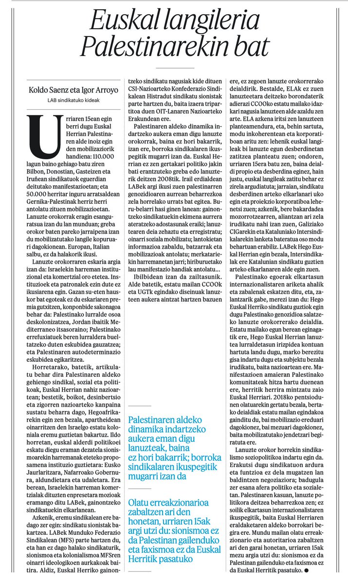 ✍️ «𝗘𝘂𝘀𝗸𝗮𝗹 𝗹𝗮𝗻𝗴𝗶𝗹𝗲𝗿𝗶𝗮 𝗣𝗮𝗹𝗲𝘀𝘁𝗶𝗻𝗮𝗿𝗲𝗸𝗶𝗻 𝗯𝗮𝘁» 
Koldo Saenz eta Igor Arroyoren iritzi-artikulua <a href="/berria/">Berria.eus</a>-n, urriak 15eko Palestinaren aldeko mobiliazioaren harira

#LangileokPalestinarekin 🇵🇸 

🔗 labur.eus/rlveyiln