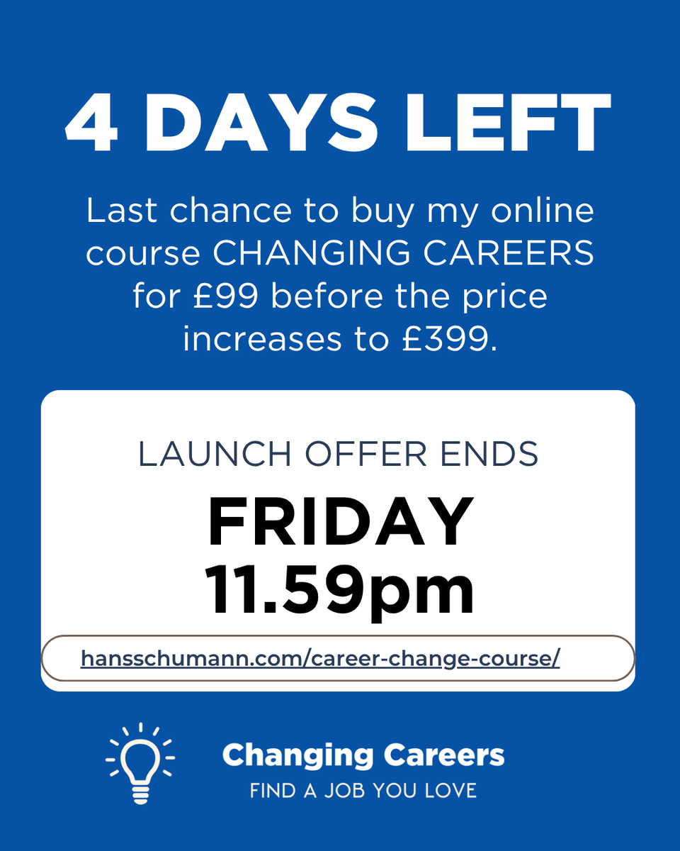 4 days left at the launch price! 

If you’ve been wondering whether you’re in the right job, and what else might be possible for you, this is your last chance to get the full career change process for just £99.

👉 hansschumann.com/career-change-…