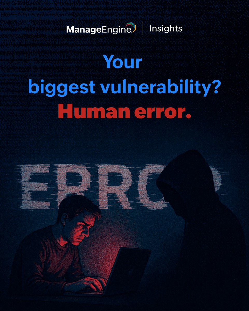 manageengine's tweet image. Hackers get the attention.
But most breaches? They start with a teammate making one small mistake.
Your biggest cybersecurity risk is human. Learn why. zurl.co/w2X9N