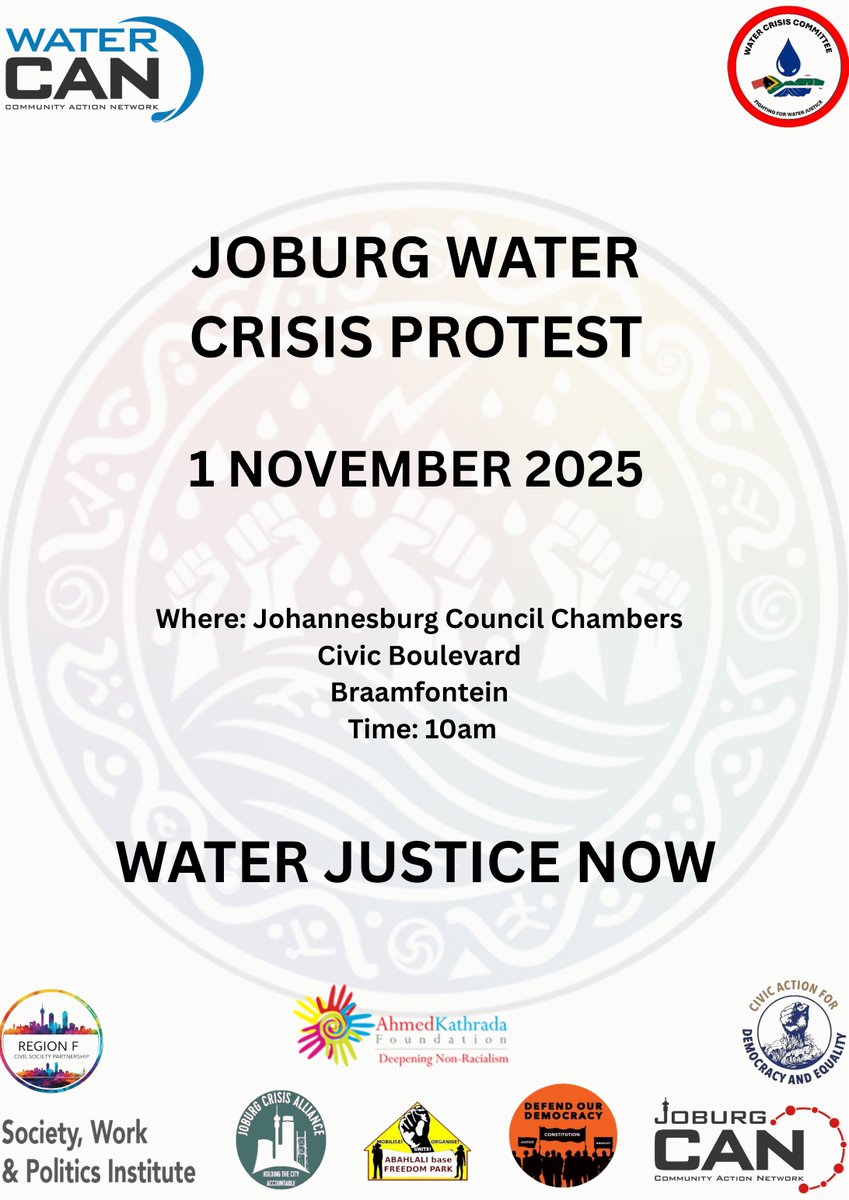 WaterCANsa's tweet photo. Johannesburg is counting down
Our taps are dry. Our rivers are polluted. Our leaders are silent
📍 Join the #JoburgWaterCrisis Protest
🗓️1 Nov
📍 10am
#WaterJusticeNow #FixJoburgWater #JoburgCrisisAlliance #WaterCAN https://t.co/B35iVa0p16