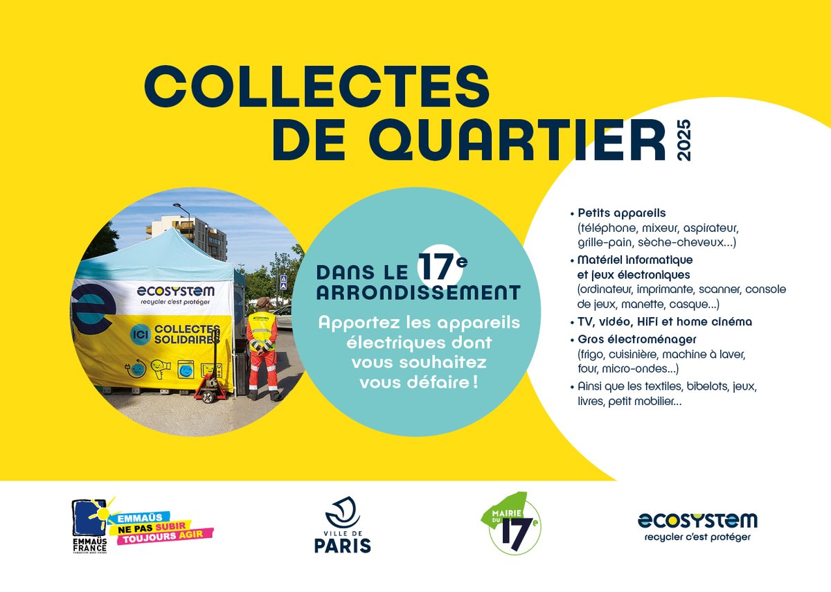 Mairie17's tweet image. ♻️ #CollectesSolidaires d’appareils électriques à #Paris17 !

Rendez-vous Samedi 8 novembre de 10h à 14h :

📍 Maréchal Juin / Richard Baret / Kellner–St-Ouen

Donnez vos vieux appareils pour qu’ils soient réparés, réemployés ou recyclés. 🤝

#Recyclage