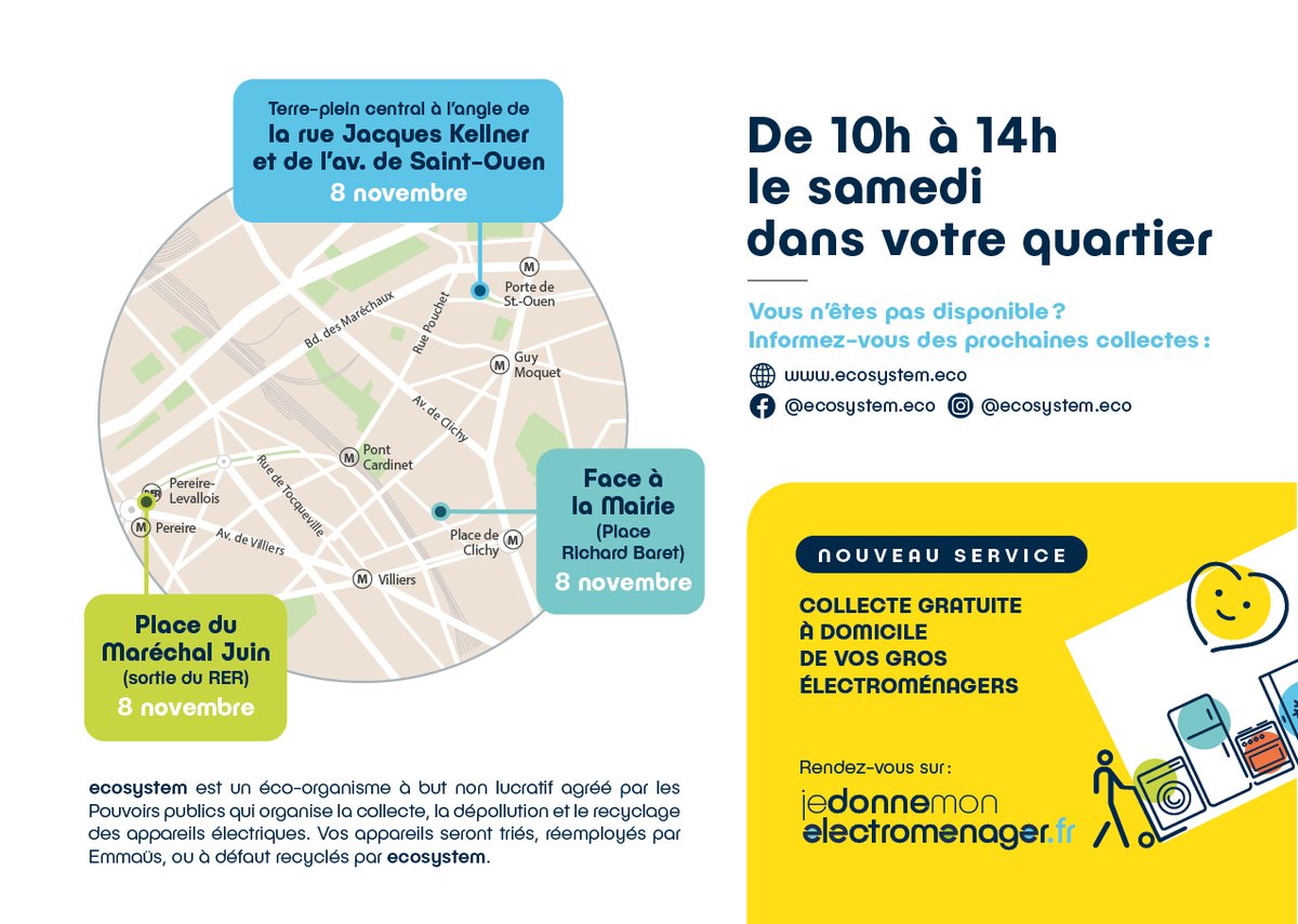 Mairie17's tweet image. ♻️ #CollectesSolidaires d’appareils électriques à #Paris17 !

Rendez-vous Samedi 8 novembre de 10h à 14h :

📍 Maréchal Juin / Richard Baret / Kellner–St-Ouen

Donnez vos vieux appareils pour qu’ils soient réparés, réemployés ou recyclés. 🤝

#Recyclage