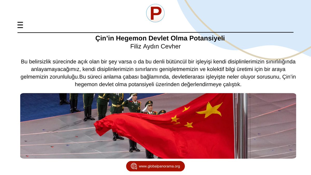 #PanoramaSoruyor 

Çin’in hegemon devlet olma potansiyelini <a href="/cevher_filiz/">Filiz Aydın Cevher</a> Panorama Global için sordu;

<a href="/AltayAtli/">Altay Atlı</a>, <a href="/CerenJilan/">Ceren 吉兰 Ergenc</a>, <a href="/BurakGurel1980/">Burak Gürel</a> ve <a href="/kilic_cagla/">Çağla 查拉</a> yanıtladı.

globalpanorama.org/2025/10/cinin-…