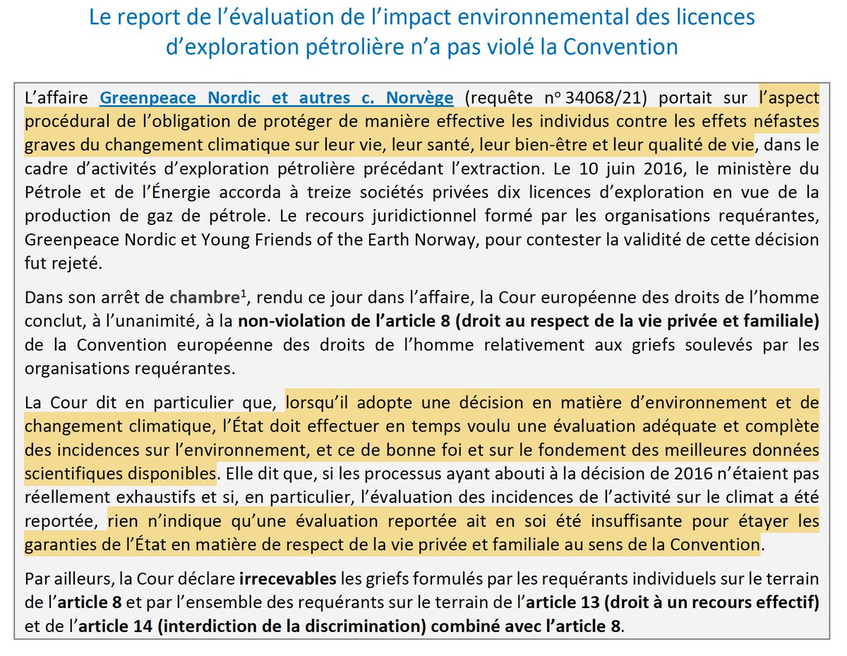Droits fondamentaux &amp; réchauffement climatique : De façon inédite, la CEDH précise les obligations procédurales qui pèsent sur un Etat.

Pour protéger de manière effective les droits menacés par le réchauffement climatique.

Ici, elle juge que les garanties étaient suffisantes.