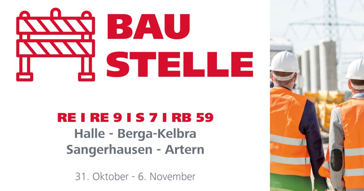 #Bauarbeiten der #DB: Vom 31.10.bis 6.11. wird die bestehende Sperrung zwischen #Halle und #Sangerhausen bis #Berga-Kelbra ausgeweitet. Es fährt #SEV. Ebenfalls #SEV gibt es zwischen #Sangerhausen und #Artern. #RE8 #RE9 #S7 #RB59