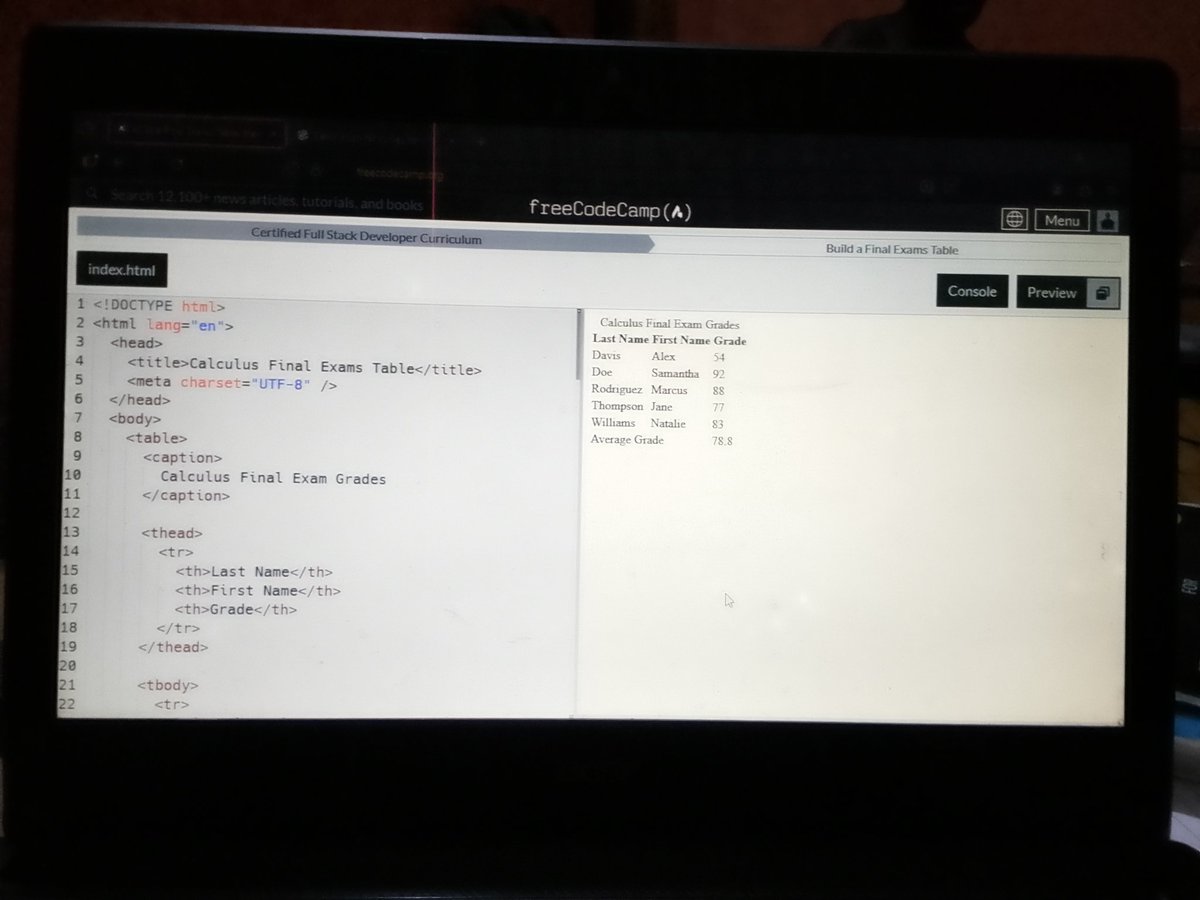 AkanjiAB's tweet image. Day 11 of #100DaysOfCode 
Built a Final Exam Table today.
Every project adds another brick to the foundation I’m building. 
#WebDevelopment #frontend #freeCodeCamp