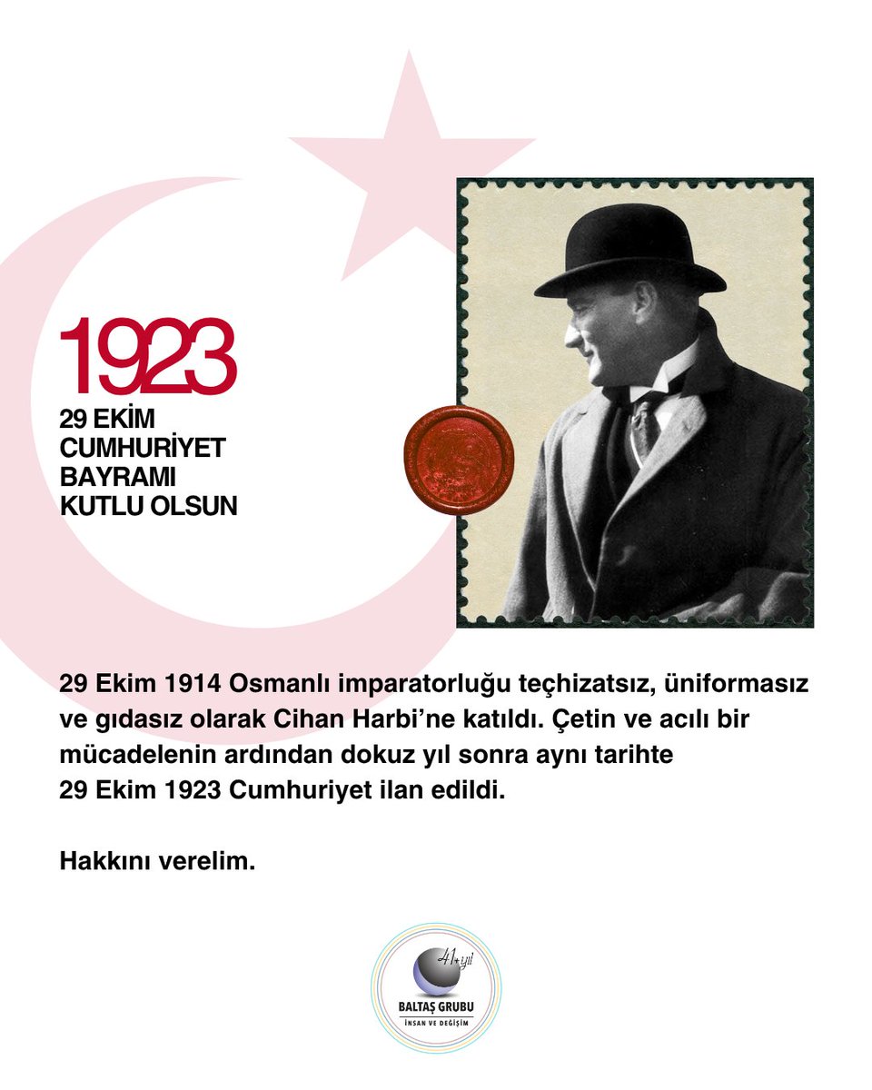 29 Ekim 1914 Osmanlı imparatorluğu teçhizatsız, üniformasız ve gıdasız olarak Cihan Harbi’ne katıldı. Çetin ve acılı bir mücadelenin ardından dokuz yıl sonra aynı tarihte 29 Ekim 1923 Cumhuriyet ilan edildi.

Hakkını verelim.

#29EkimCumhuriyetBayramı #YaşasınCumhuriyet #Atatürk