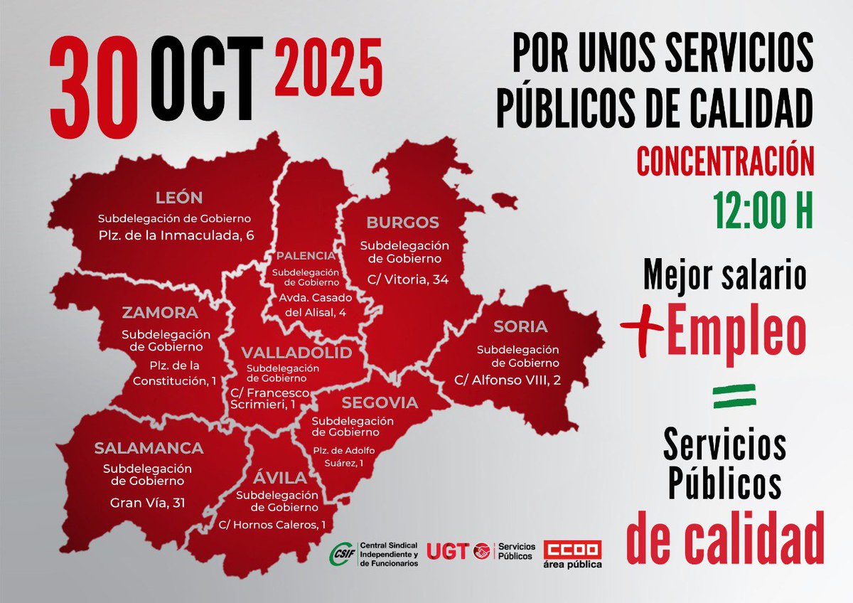 El 30 de octubre los empleados y empleadas públicas salimos a la calle 🪧

Exigimos al Gobierno que garantice subida salarial y mejoras de derechos para el personal público ✊