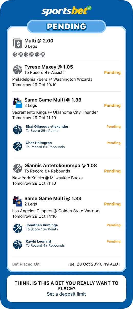 Ladder Challenge Bet 2! 🔥 

Maxey 4+ Assists
SGA 25+ Points
Holmgren 6+ Rebounds
Giannis 8+ Rebounds
Kuminga 10+ Points
Leonard 4+ Rebounds

Like if you are following along 💙🐍