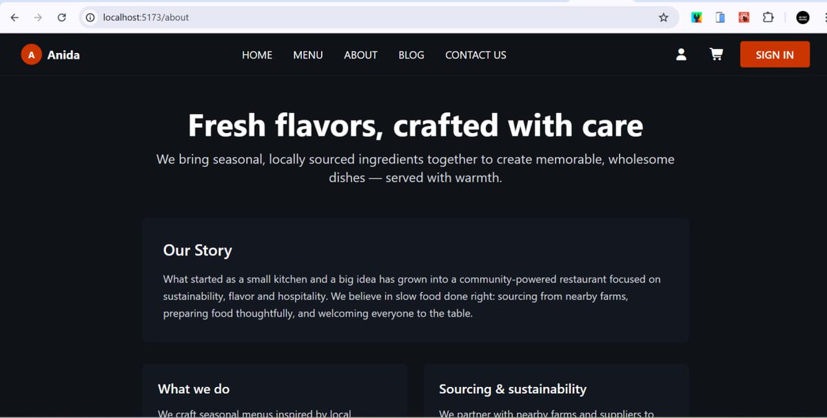 Dev_JesseMaduka's tweet image. Day 45 of #100DaysOfCode ✅
Built an About Page for my restaurant web app and connected it using React Router.
Had a little routing trouble, but I figured it out — that’s what learning looks like! 🚀
On to the next!
#ReactJS #FrontendDev #BuildInPublic