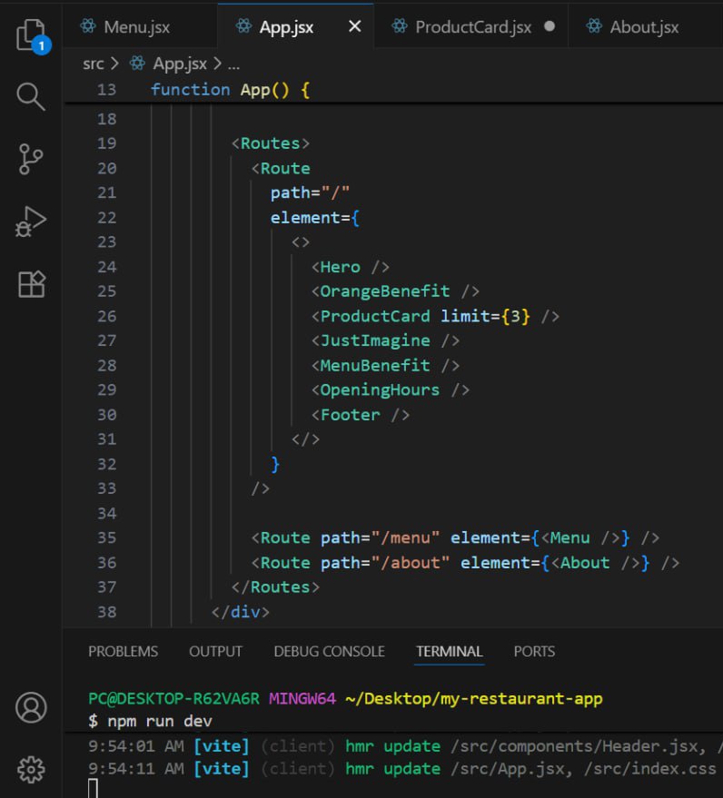 Dev_JesseMaduka's tweet image. Day 45 of #100DaysOfCode ✅
Built an About Page for my restaurant web app and connected it using React Router.
Had a little routing trouble, but I figured it out — that’s what learning looks like! 🚀
On to the next!
#ReactJS #FrontendDev #BuildInPublic