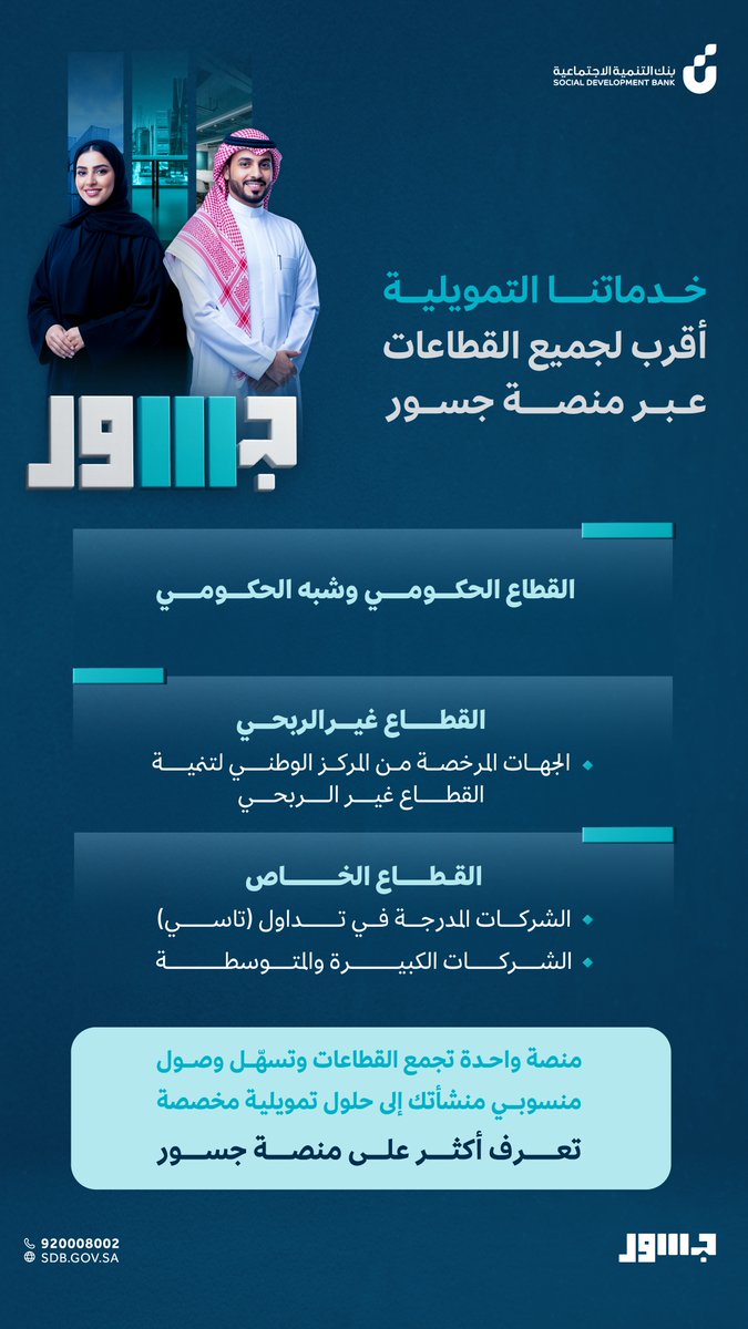 وصول مباشر لتمويل أحلامهم، 
اعتمد جهتك لاستفادة منسوبيكم، وقرّب خدماتنا التمويليه لهم!
منصة جسور