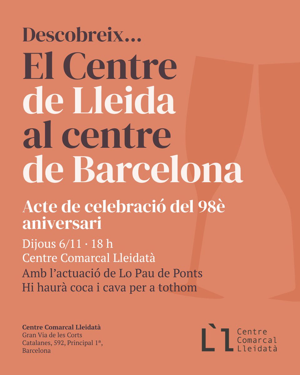 El Lleidatà fem 98 anys i obrim les portes de bat a bat per celebrar-ho.

Vespre musical amb l'actuació de <a href="/LoPaudePonts/">Lo Pau de Ponts</a> i cloenda a càrrec del president del Lleidatà, <a href="/rogermestre/">Roger Mestre Fàbregas</a>. Hi haurà cava i coca per a tothom.

DIA: 6/11
LLOC: Centre Comarcal Lleidatà, Barcelona
HORA: 18 h