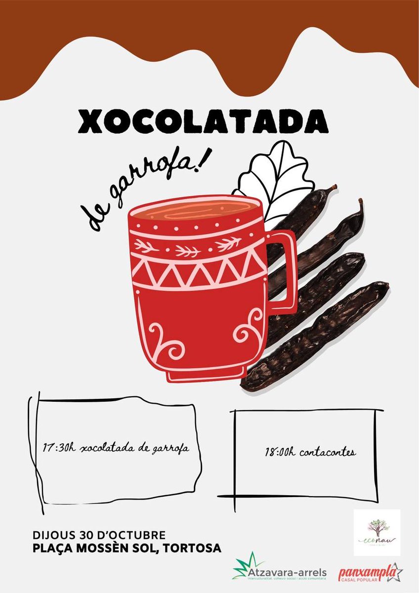 🌰 Celebrem la #Castanyada al barri!

🗓Dijous 30 d’octubre
📌 Plaça Mossèn Sol (Pl. del Rastre) #Tortosa

Compartim una tarde de tardor amb escalfor i vida de plaça.

🍫 17.30 h — Xocolatada de garrofa 🫕
📖 18.00 h — Conta-contes  
🔥 I també… torrada de castanyes!