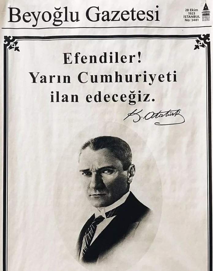 Resmi Gazetede yayınlandı.

"İLAN EDECEĞİZ"

"Yaşasın Cumhuriyet"

#CUMHURIYETİMİZ102Yaşında
#28Ekim1923
