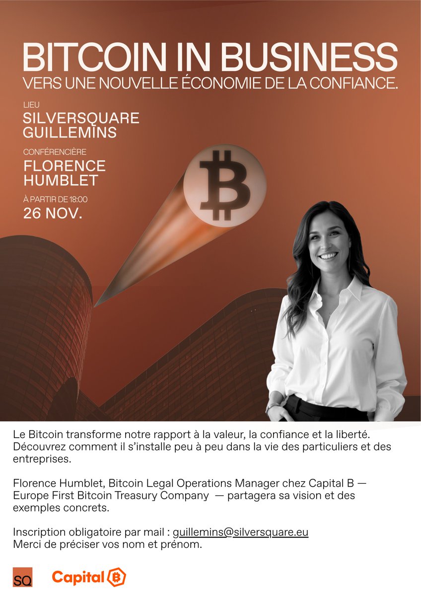 HumbletFlorence's tweet image. ⚡ BITCOIN IN BUSINESS – Vers une nouvelle économie de la confiance

Le #Bitcoin n’est plus un sujet de niche : il transforme déjà la manière dont les entreprises gèrent leur trésorerie, leur énergie et leur rapport à la valeur.

🎙️ Le 26 novembre à 18h, je donnerai une…