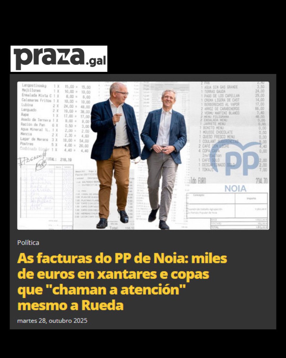 «As facturas do PP de Noia: miles de euros en xantares e copas que "chaman a atención" mesmo a Rueda».

Chamar, chamarán a atención de <a href="/AlfonsoRuedaGal/">Alfonso Rueda</a>, pero non a dos servizos ‘informativos’ da <a href="/TVGalicia/">TVG</a>, máis preocupados por liortas de internet.