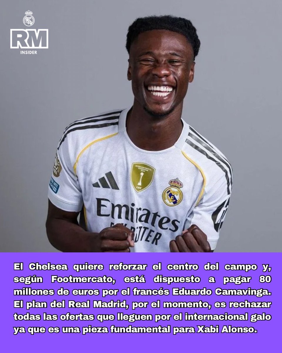 🚨 EL CHELSEA PREPARA UN OFERTÓN POR CAMAVINGA: 80 MILLONES
 
  ⚽ El equipo inglés ha pensado en #Camavinga para reforzar el centro del campo.

  ➡️ El #RealMadrid, por el momento, no está interesado en negociar. Camavinga es intransferible.

#Chelsea <a href="/realmadrid/">Real Madrid C.F.</a>