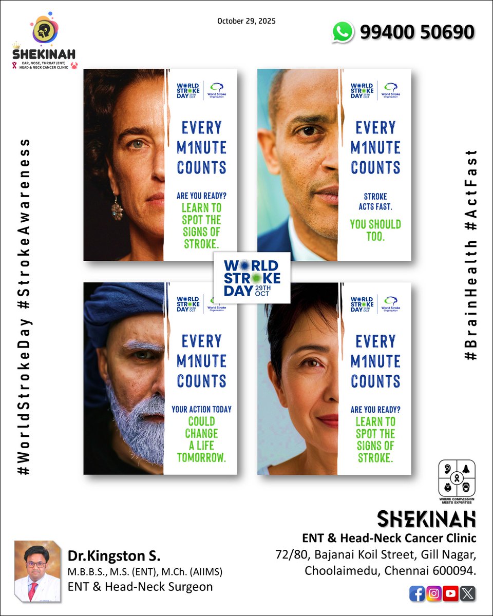Shekinah_ENT's tweet image. World Stroke Day – Oct 29, '25
#StrokeAwareness
#WorldStrokeDay
#StrokeRecovery
#StrokeSurvivor
#BrainHealth
#StrokeCare
#StrokeDay
#ActFast
#Stroke
Dr.Kingston S.
ENT & Head-Neck Surgeon,
Kauvery Hospital, Alwarpet.
#KauveryHospitalChennai
#HeadAndNeck
#CancerCare
#Kauvery
